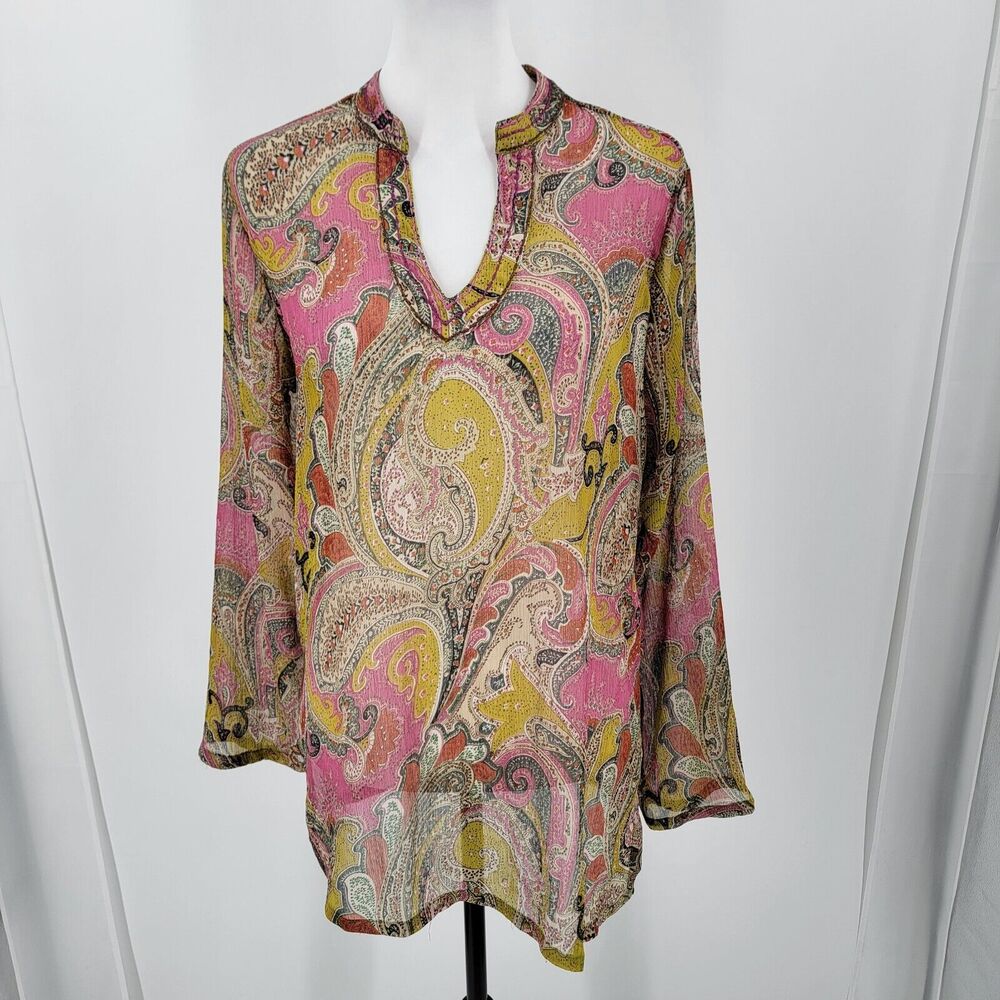 TravelSmith Blouse Women's Medium Paisley Sheer V Neck Boho